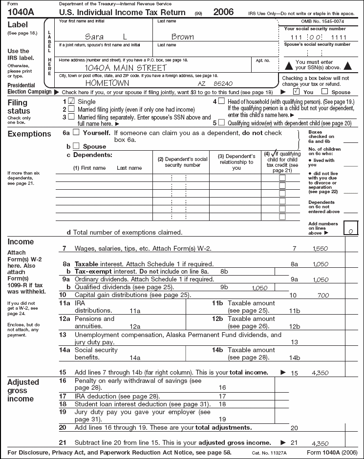 Form 1040A, page 1, for Sara L. Brown