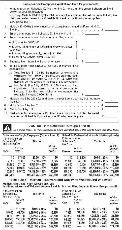 Deduction for Exemptions Worksheet and 2007 Tax Rate Schedules