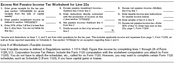 Excess net passive income tax worksheet