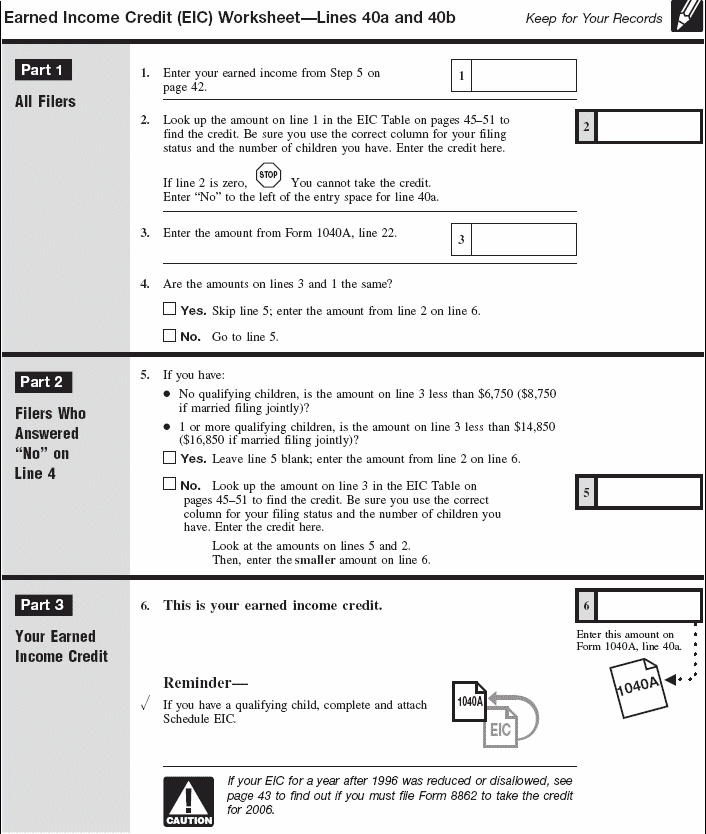 Earned Income Credit (EIC) Worksheet - Line 40